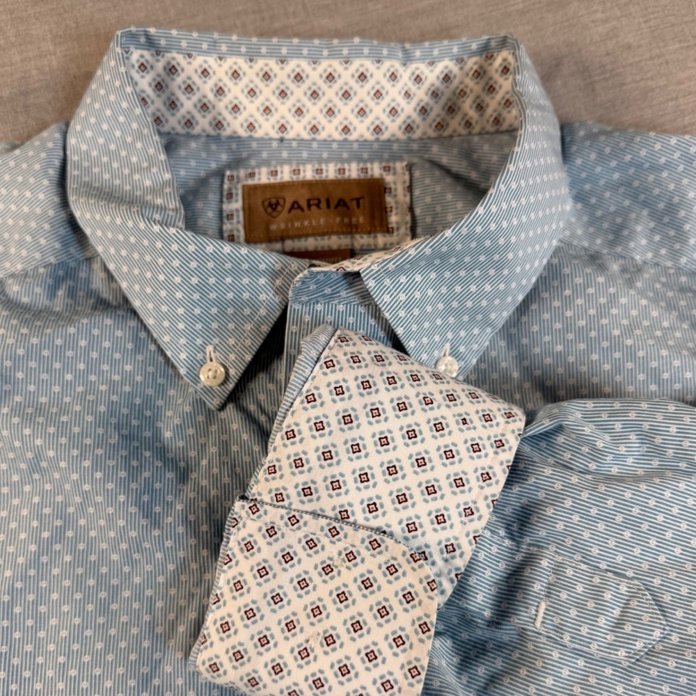 Ariat Mens XXL Blue White Geometric Wrinkle Free Cotton Button Down Shirt